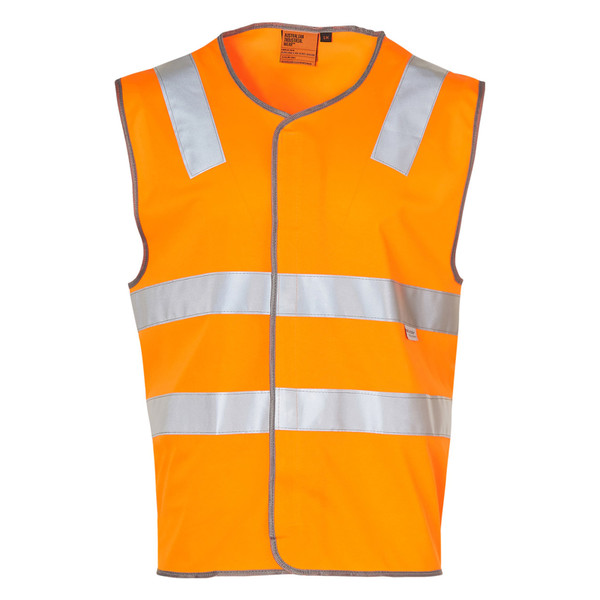 Orange hi-vis safety vest with silver reflective tape stripes across chest and shoulders, grey piping trim