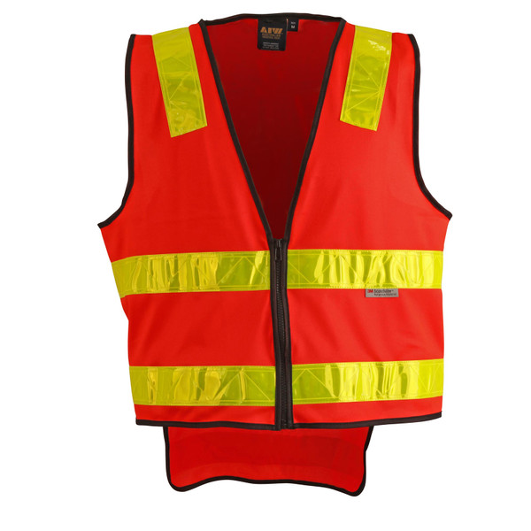 Orange-red hi-vis vest with yellow-green reflective tape stripes and black zipper closure on white background