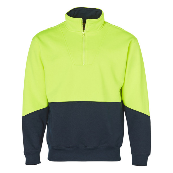 Hi-vis two-tone quarter-zip fleece sweater in fluoro yellow and navy with ribbed cuffs and hem