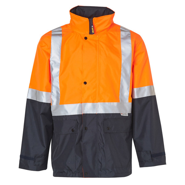 Orange and navy hi-vis rain jacket with silver 3M reflective tape, snap buttons, and stand collar