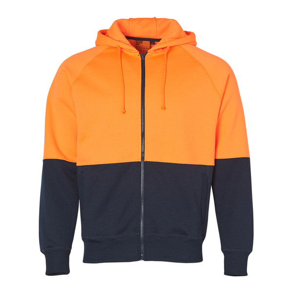Hi-vis two-tone zip-through hoodie in orange and navy with drawstring hood and ribbed cuffs