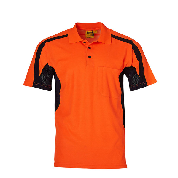 Hi-vis orange polo shirt with black contrast side panels, mesh underarms, chest pocket and three-button placket