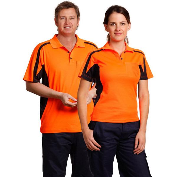 Male and female models wearing hi-vis orange and navy TrueDry polo shirts with contrast side panels and underarm mesh