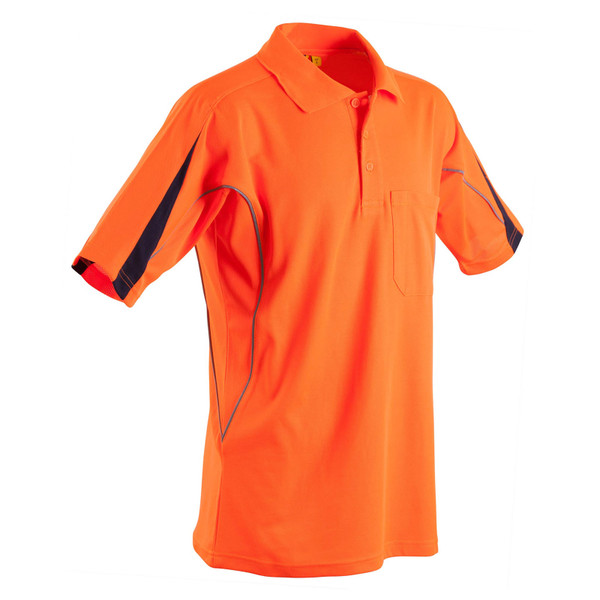 Hi-vis orange polo shirt with navy side panels, reflective piping, and chest pocket