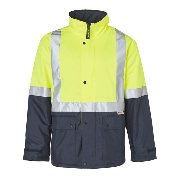Hi-vis yellow and charcoal rain jacket with 3M reflective tape stripes and contrast panels