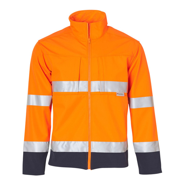 Orange hi-vis softshell jacket with silver reflective tape and navy contrast panels at chest pockets and hem