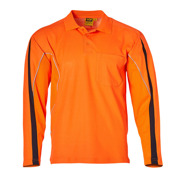 High-visibility orange long sleeve polo with charcoal side panels and reflective piping detail