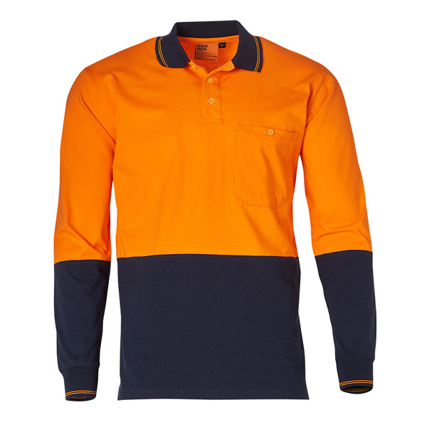 Hi-vis orange and navy two-tone long sleeve polo with contrast collar and chest pocket