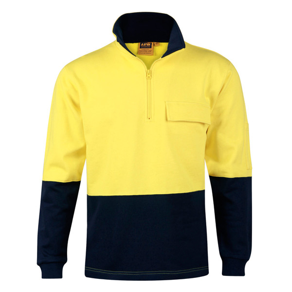 Hi-vis yellow and navy two-tone fleecy zip sweater with chest pocket and contrast collar