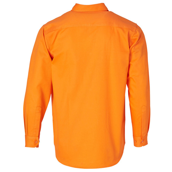 Back view of bright orange hi-vis long sleeve cotton drill work shirt with collar and button cuffs