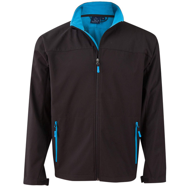 Black softshell jacket with cyan blue contrast collar, zipper and pocket trim