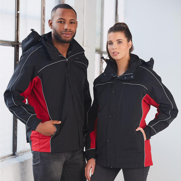 Male and female models wearing black and red 3-in-1 jacket with contrast panels and reflective piping