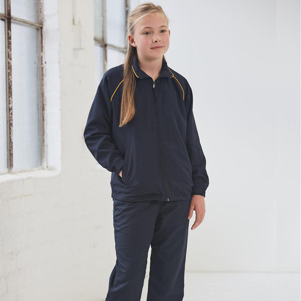 Navy kids tracksuit jacket with gold contrast piping along shoulders and sleeves, full front zipper