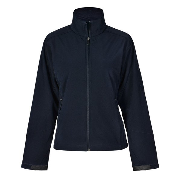 Navy softshell jacket with full-length zip and stand collar featuring side zip pockets