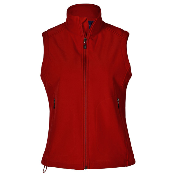 Red ladies softshell vest with stand collar, full-length zip and twin zip side pockets
