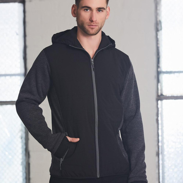 Black bonded fleece jacket with charcoal heather sleeves and grey contrast zip