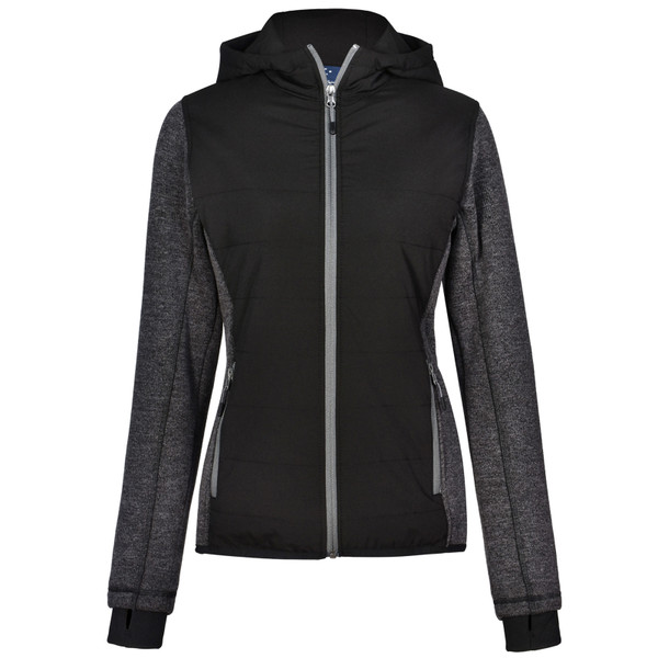 Black hooded jacket with charcoal heather sleeves and contrast grey zip detail