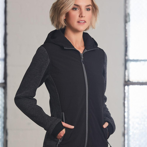 Black bonded fleece jacket with charcoal heather sleeves, hooded collar and grey contrast zippers