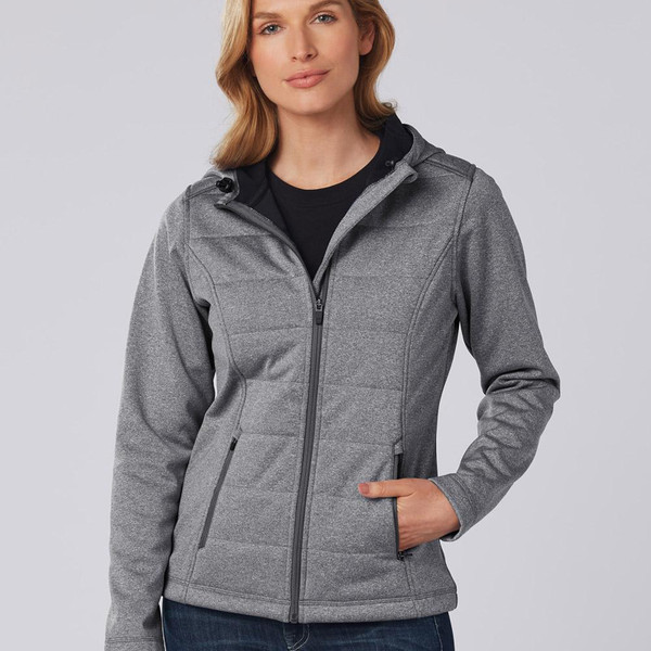 Woman wearing heather grey quilted hooded jacket with full zip, quilted body panels and zip side pockets