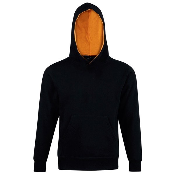 Black kids fleece hoodie with contrasting golden orange hood lining and kangaroo pocket
