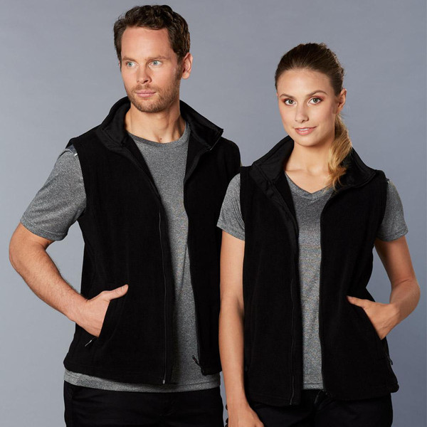Black polar fleece vests with full zip front, stand-up collar and front pockets worn over grey t-shirts