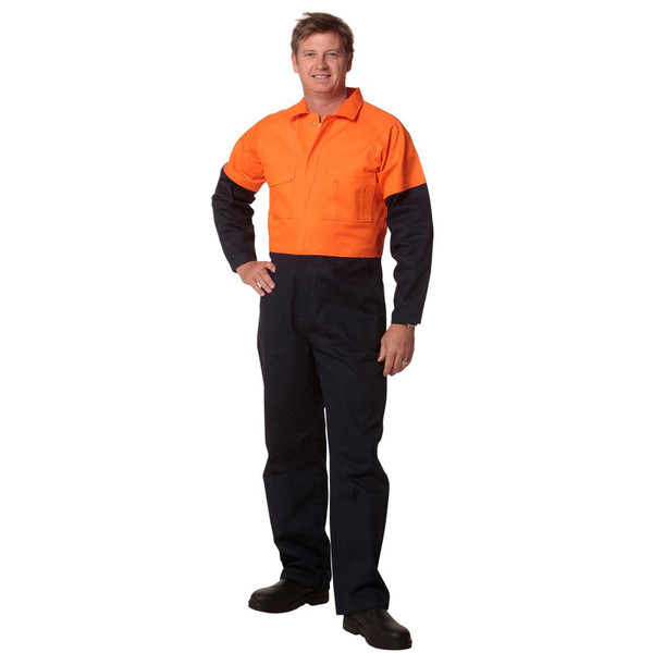 High visibility orange and black two-tone cotton drill coverall with chest pocket and long sleeves