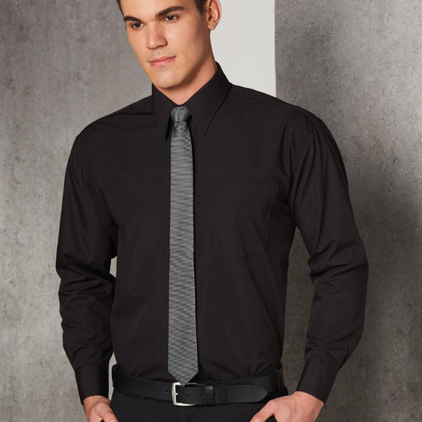 Black long sleeve poplin business shirt with contrast charcoal grey striped tie and collar detail