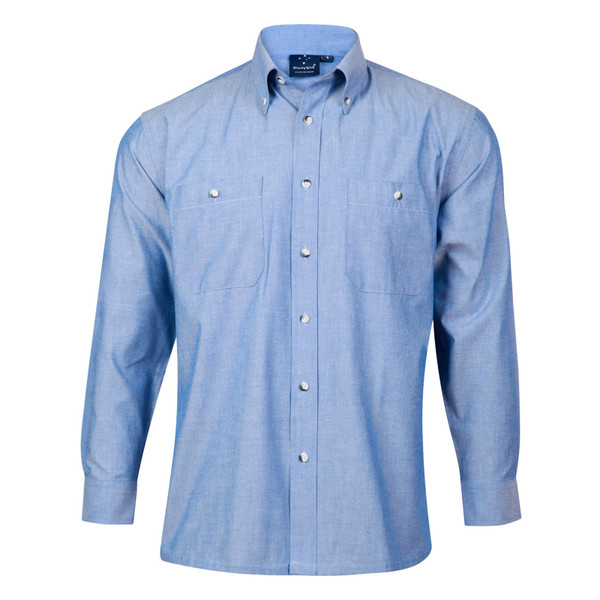 Light blue chambray long sleeve shirt with button-down collar and dual chest pockets with button flaps