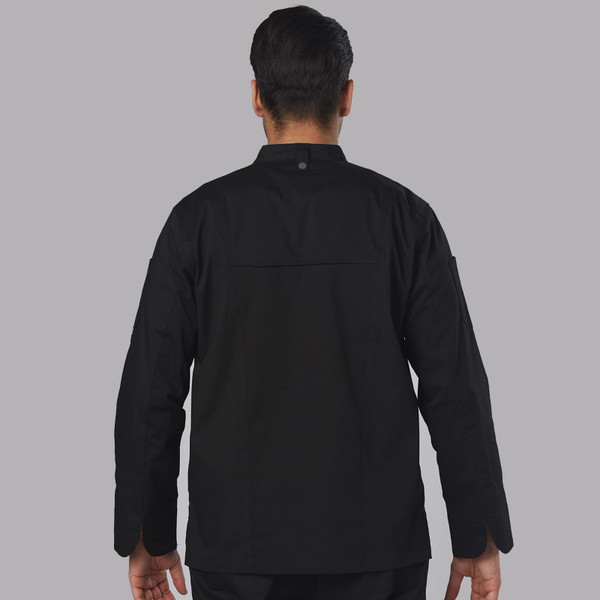Black chef jacket back view showing flat yoke panel and long sleeves with sleeve pocket detail