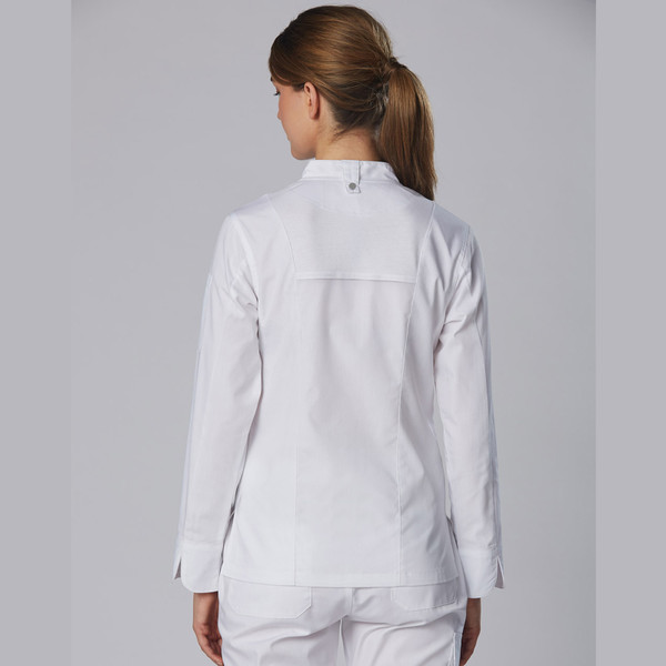 White chef jacket with long sleeves and stand collar, shown from back view with horizontal yoke panel