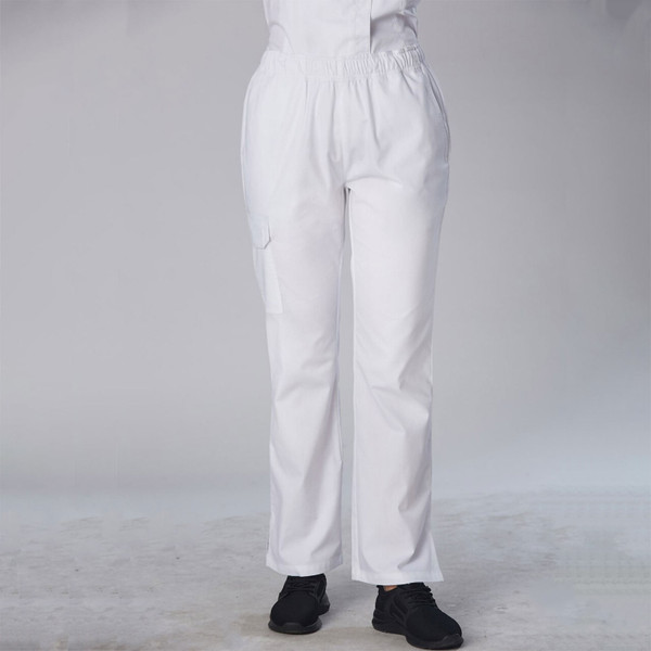 White chef pants with elasticated waist and side pocket, featuring straight leg design