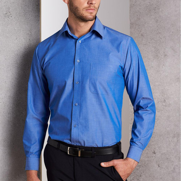 Royal blue long sleeve business shirt with classic collar and button front closure