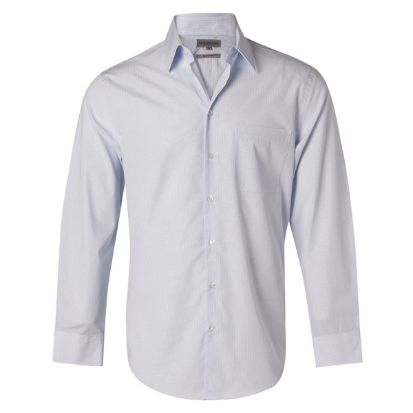 Light blue long sleeve dress shirt with subtle check pattern and classic collar