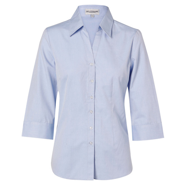 Light blue ladies 3/4 sleeve button-front shirt with point collar and Oxford weave texture