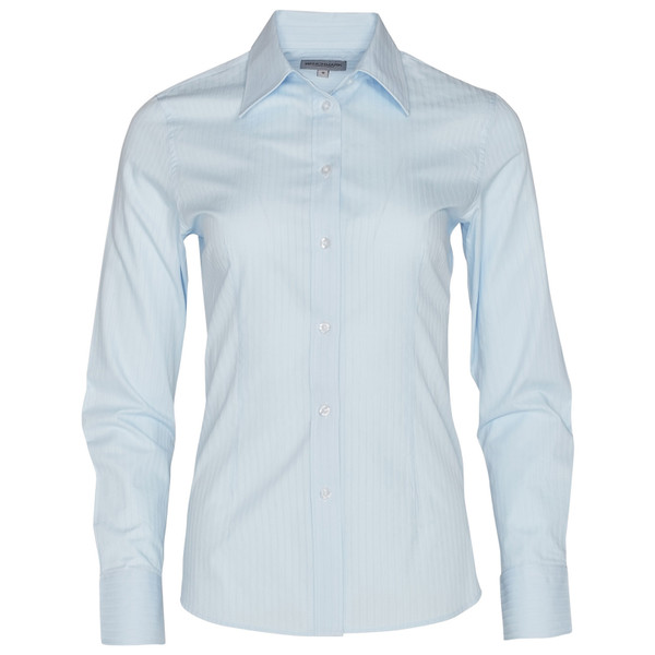 Pale blue women's long sleeve dress shirt with self-stripe texture and classic collar