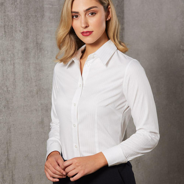 White long sleeve business shirt with classic collar and self-stripe texture detail