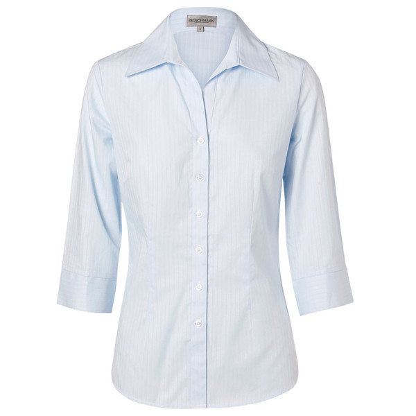 Pale blue self-stripe women's button-front shirt with open collar and three-quarter sleeves, flat lay packshot