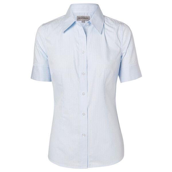 Women's pale blue self-stripe short sleeve shirt with point collar and button placket, flat lay packshot
