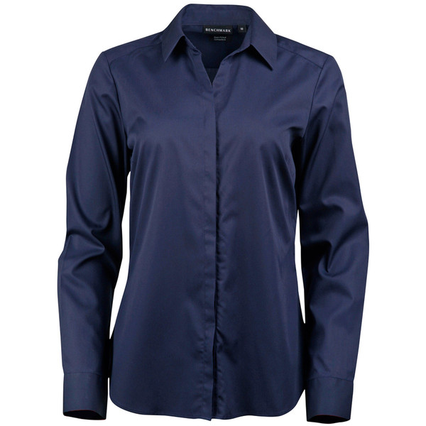 Navy blue women's long sleeve business shirt with dobby stripe texture and classic collar