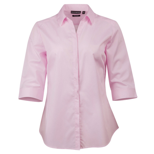 Light pink women's dress shirt with three-quarter sleeves and self-stripe dobby weave texture