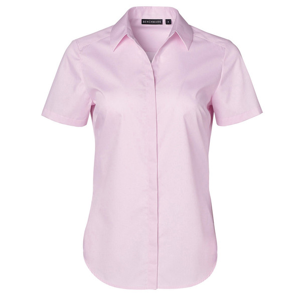 Light pink short sleeve women's shirt with collar and button-front closure featuring subtle self-stripe texture