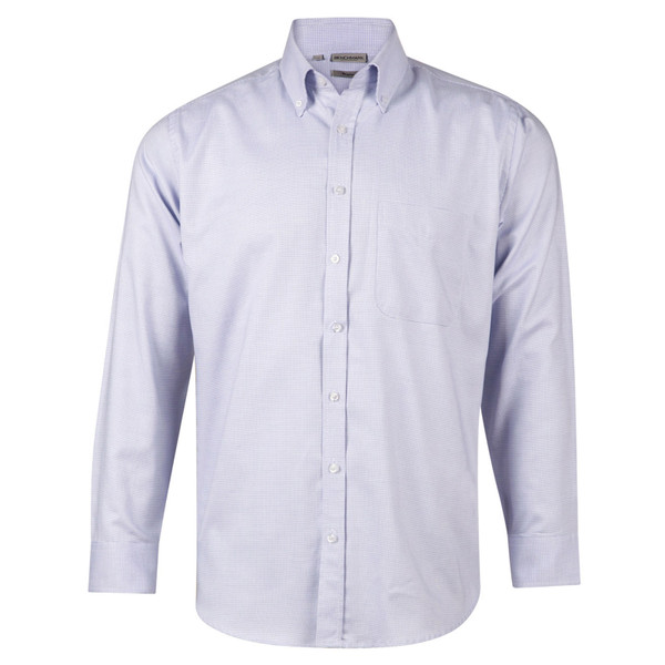 Men's pale blue dot-texture cotton long sleeve shirt with button-down collar and chest pocket