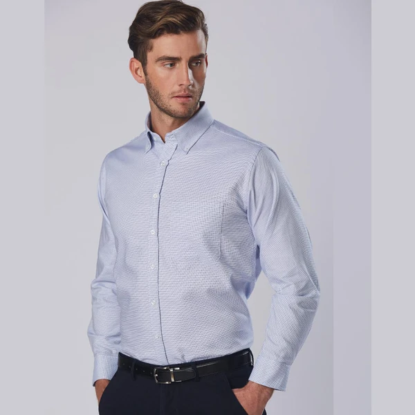 Light blue long sleeve dress shirt with subtle dot pattern and button-down collar