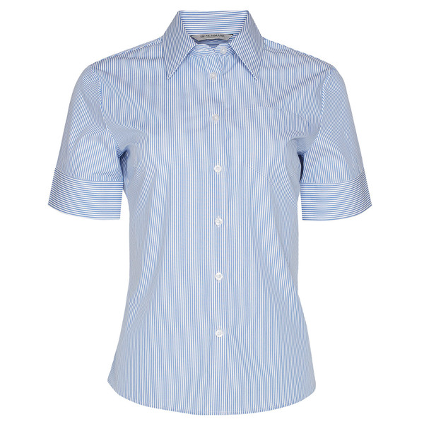 Women's sky blue and white stripe short sleeve shirt with point collar and button placket, flat lay packshot