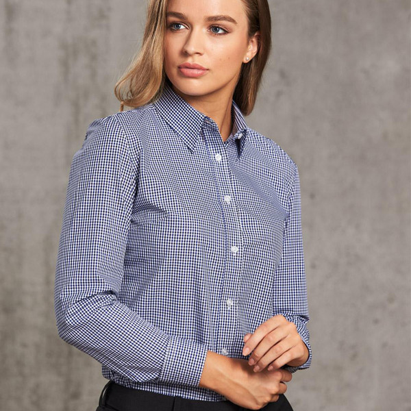 Navy and white gingham check long sleeve shirt with button-down collar and curved hem