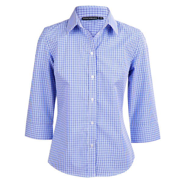 Ladies checkered shirt with blue and white gingham pattern and three-quarter sleeves with buttoned cuffs