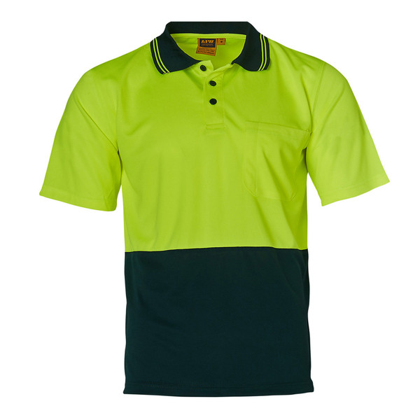 High-visibility yellow and bottle green two-tone safety polo shirt with contrast collar and black button placket