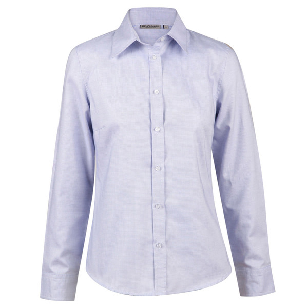 Pale blue long sleeve shirt with white dots, classic collar and button-front placket