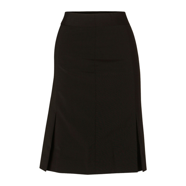 Black wool blend skirt with pleated hem panels and smooth waistband for decoration