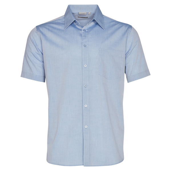 Men's light blue fine chambray short sleeve shirt with point collar, button front, and chest pocket